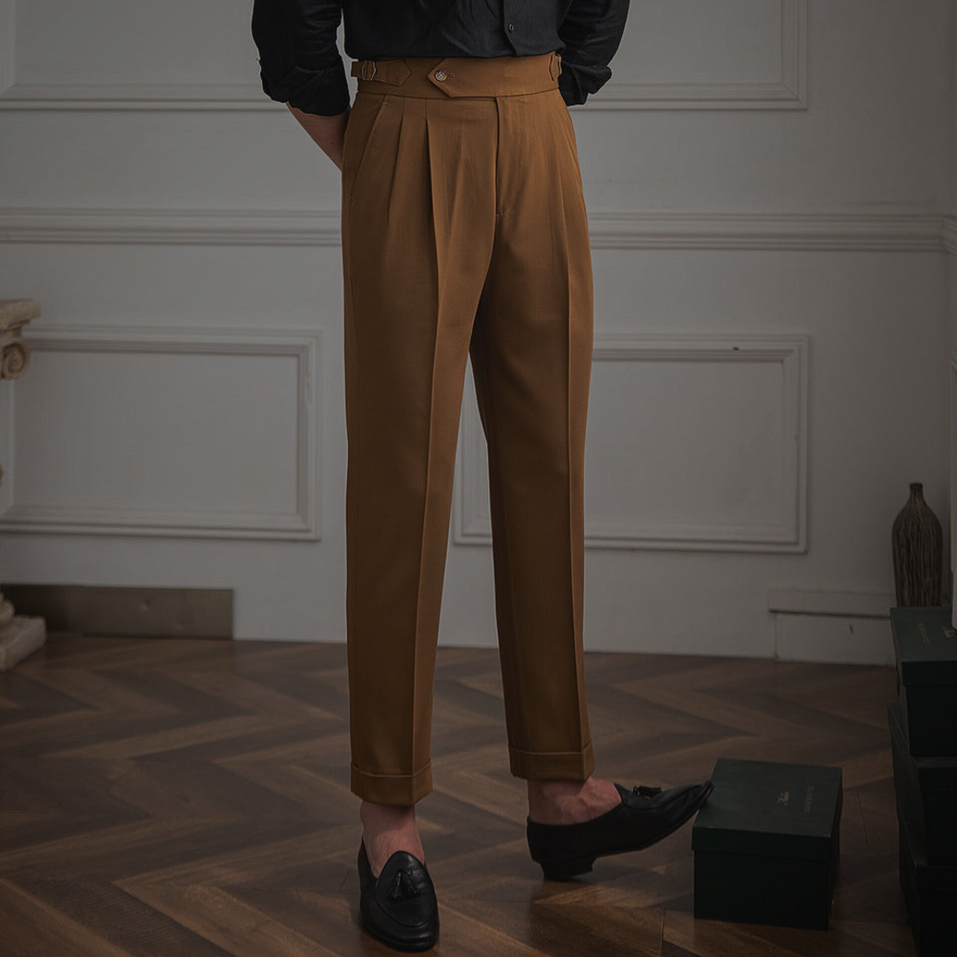 "Elegant Gurkha Pants by Italian Collar featuring premium Italian craftsmanship, a timeless double-buckle design, and a pleated waistband for modern sophistication."