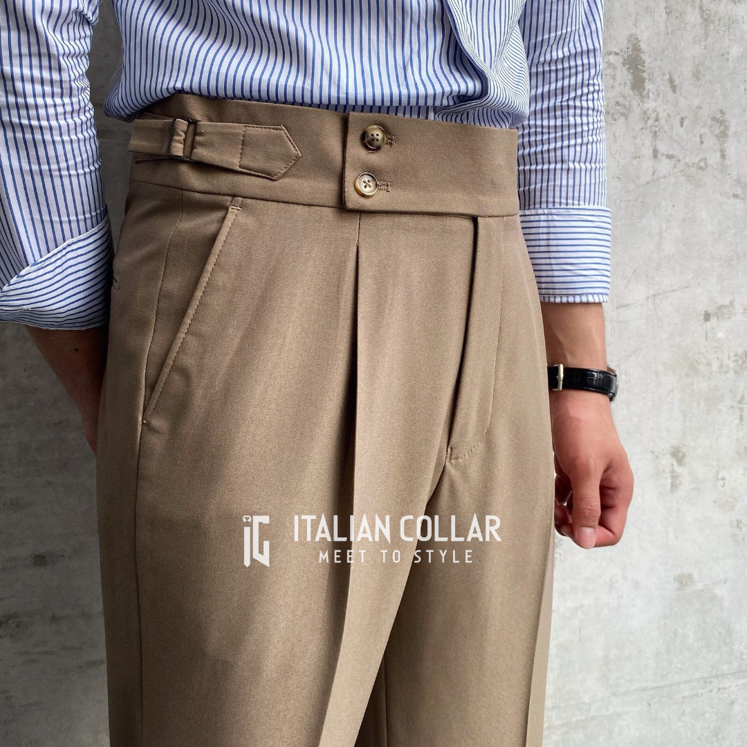 Brown Signature Buttoned Gurkha Pants By Italian Collar