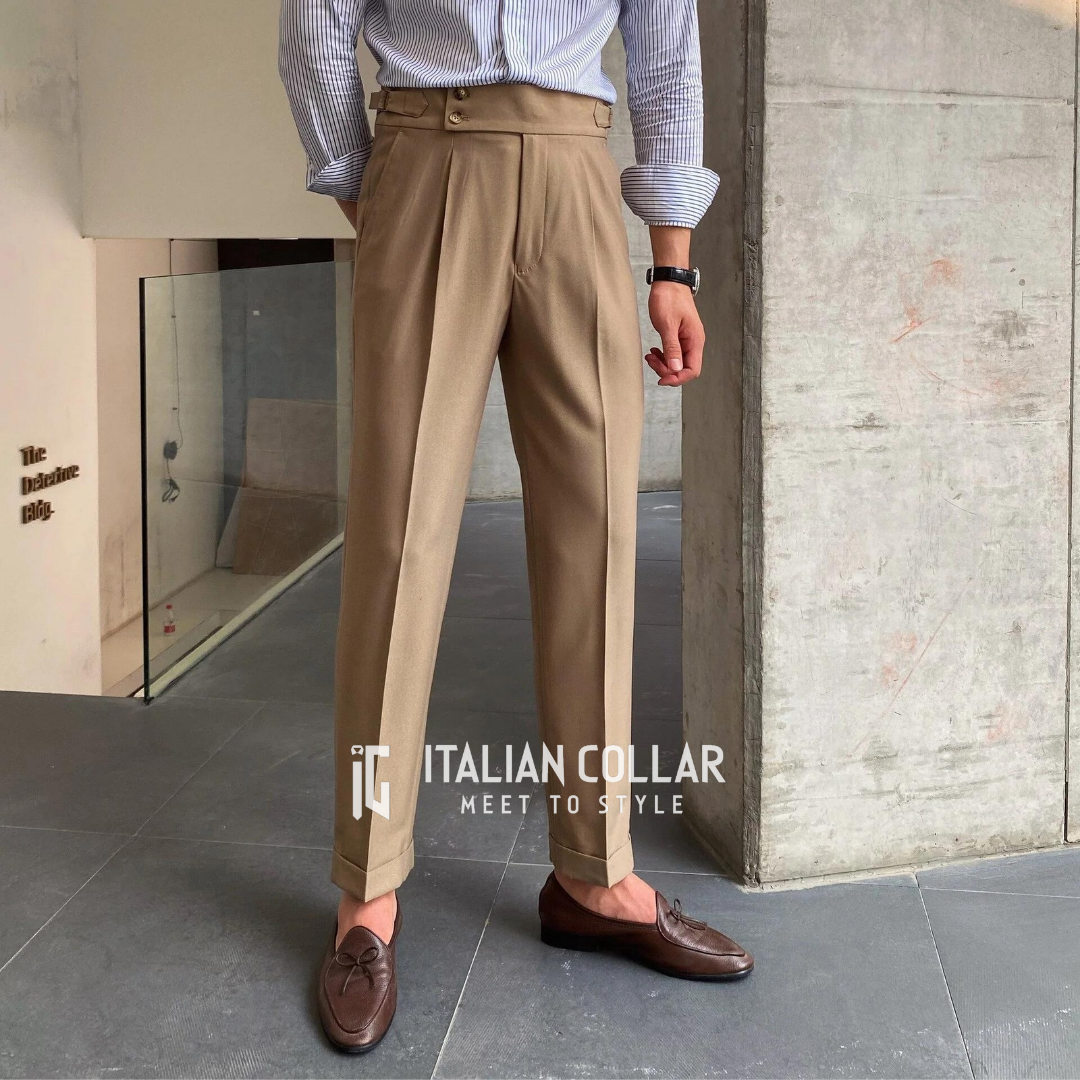 Brown Signature Buttoned Gurkha Pants By Italian Collar
