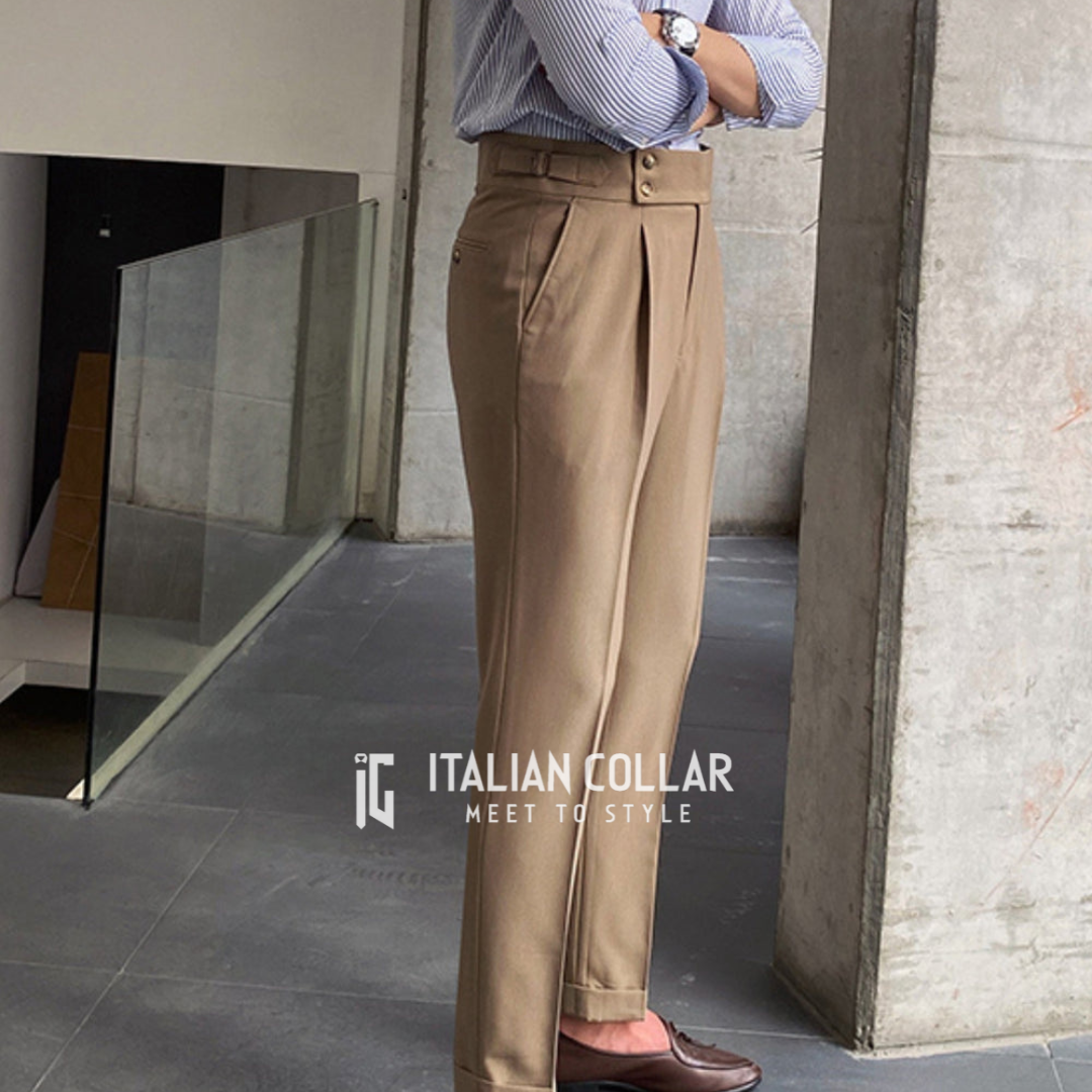 Brown Signature Buttoned Gurkha Pants By Italian Collar