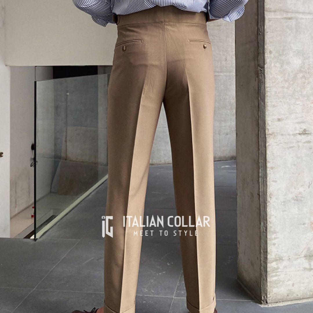 Brown Signature Buttoned Gurkha Pants By Italian Collar