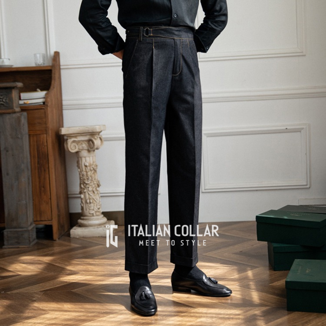 Black Denim Gurkha Trousers By Italian Collar