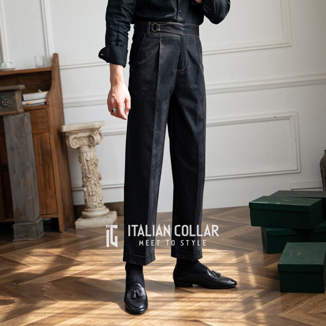 Black Denim Gurkha Trousers By Italian Collar