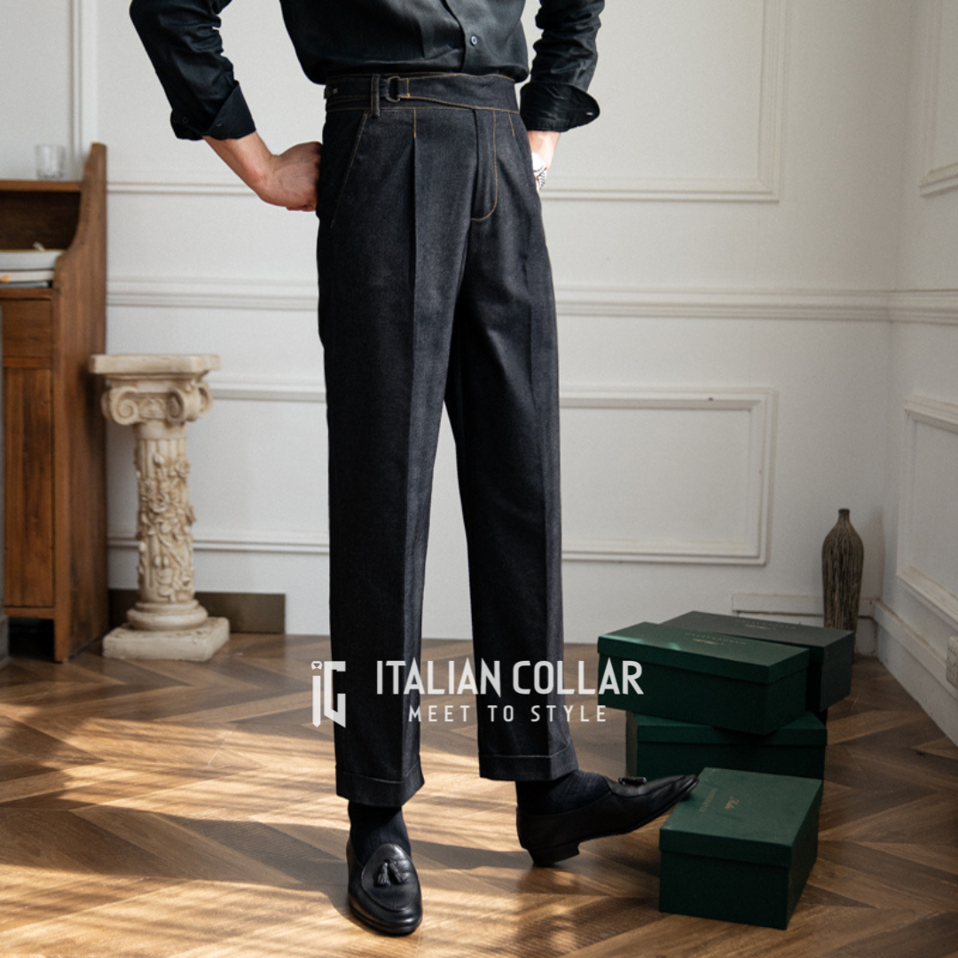 Black Denim Gurkha Trousers By Italian Collar
