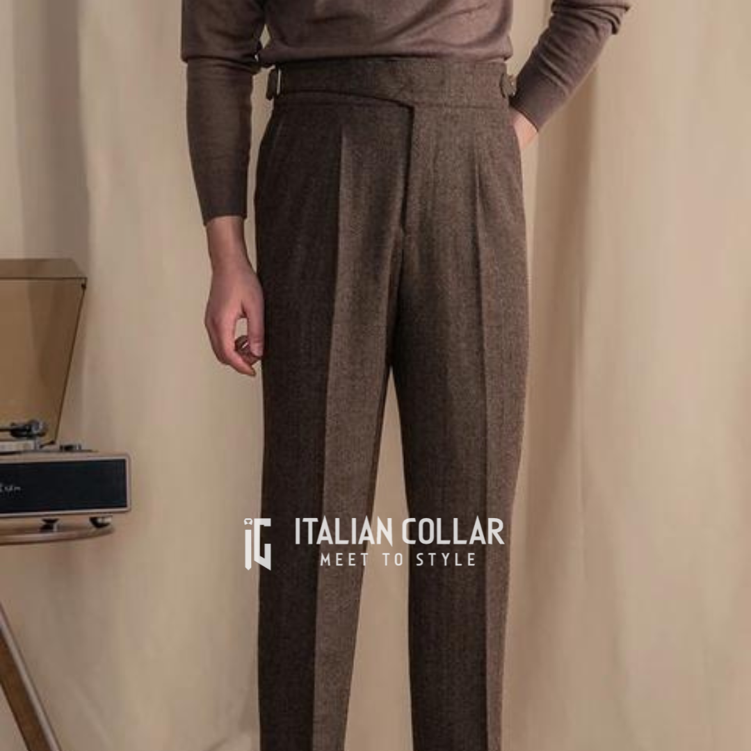 Brown Italian Exotic Woolen Gurkha Pants By Italian Collar