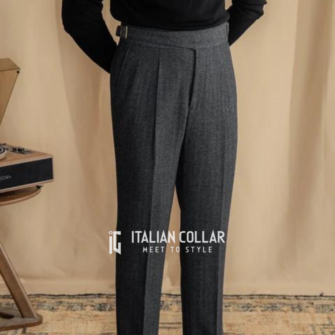 Black Italian Exotic Woolen Gurkha Pants By Italian Collar