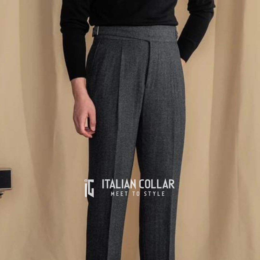 Black Italian Exotic Woolen Gurkha Pants By Italian Collar