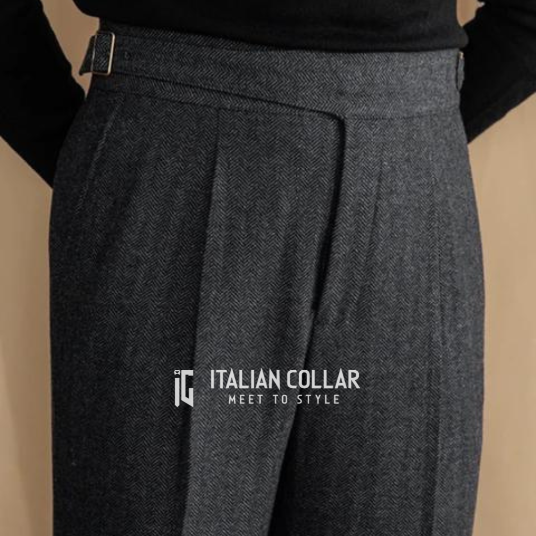 Black Italian Exotic Woolen Gurkha Pants By Italian Collar