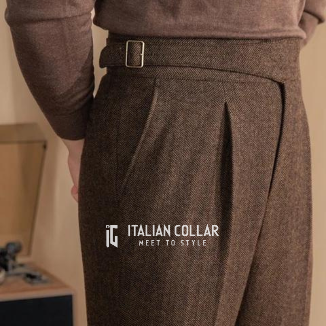 Brown Italian Exotic Woolen Gurkha Pants By Italian Collar