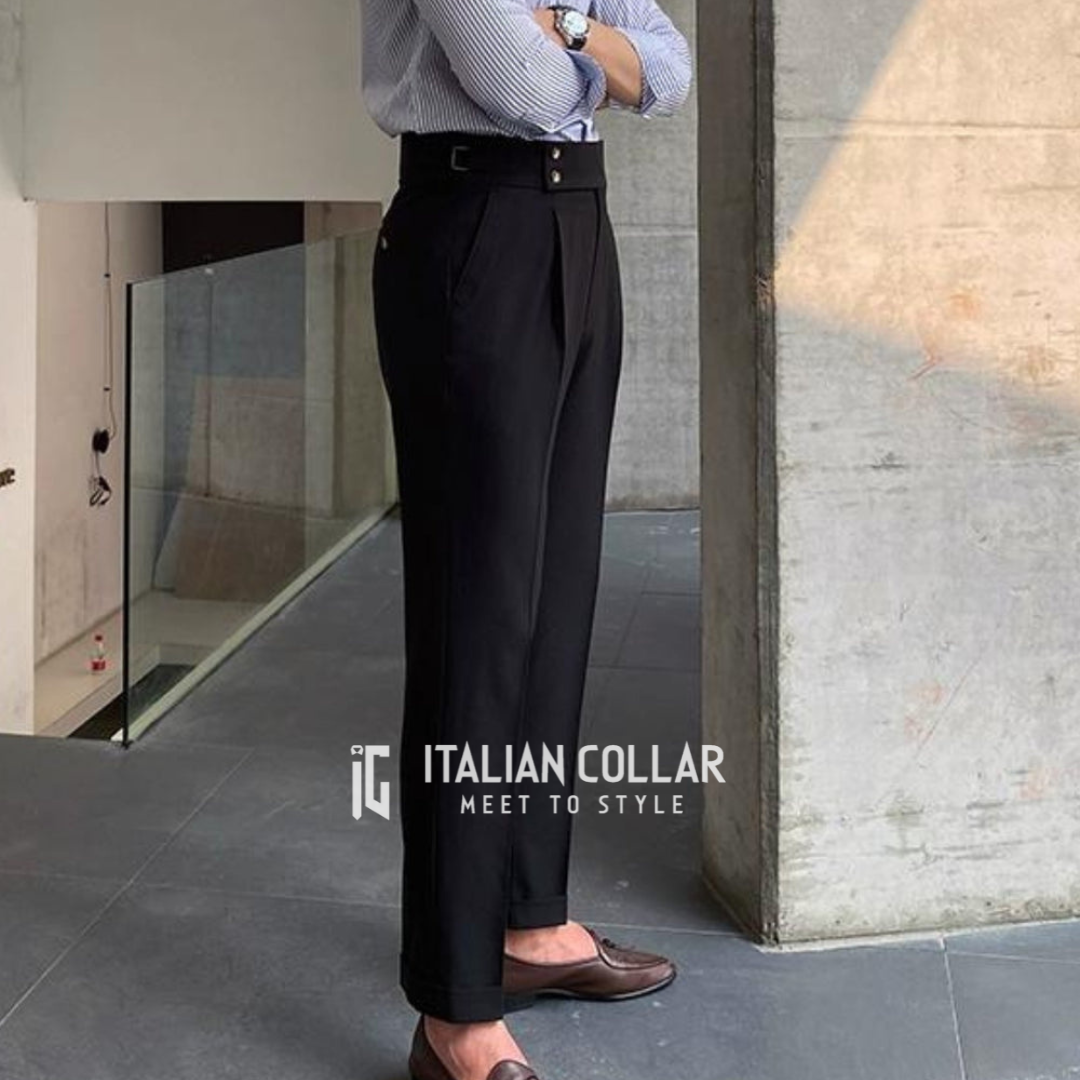 Make a bold statement with Italian Collar's Black Signature Gurkha Pants – an iconic piece that embodies the essence of old-money fashion and refined tailoring.
