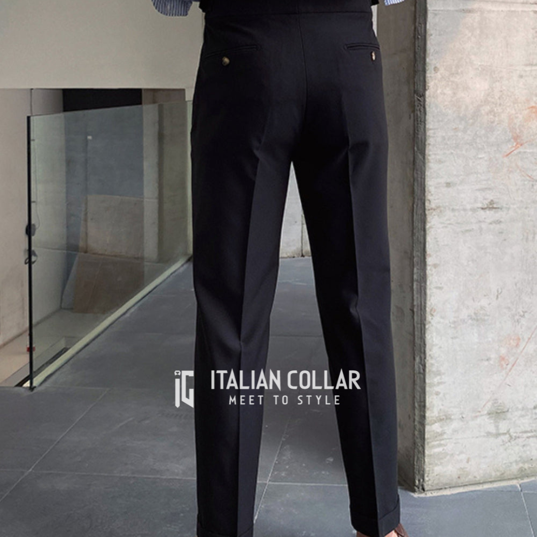 Black Gurkha Pants by Italian Collar – the perfect blend of classic Italian tailoring and modern sophistication for a luxurious look at every occasion.