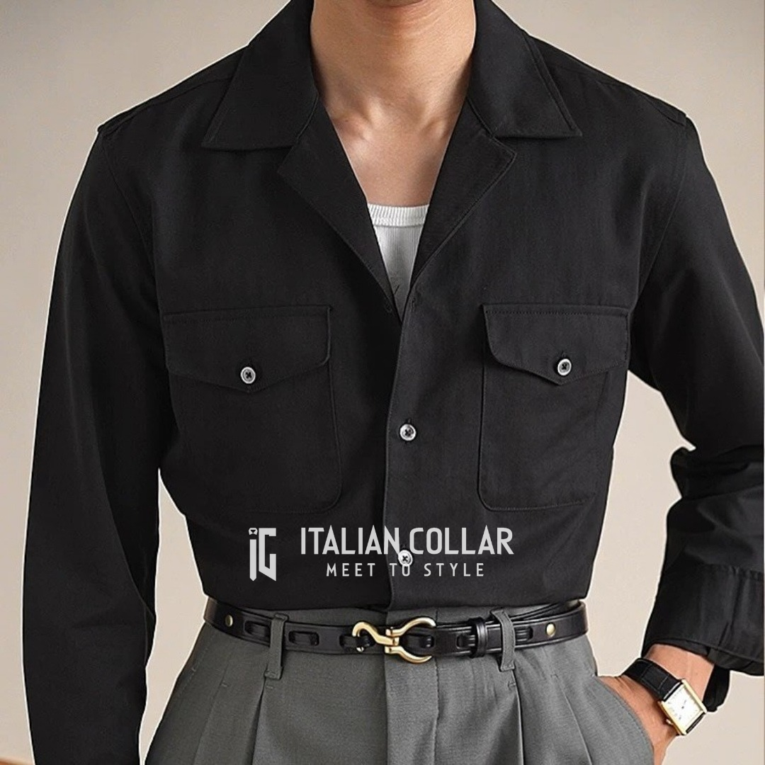 Black Standard Collar Shirt By Italian Collar