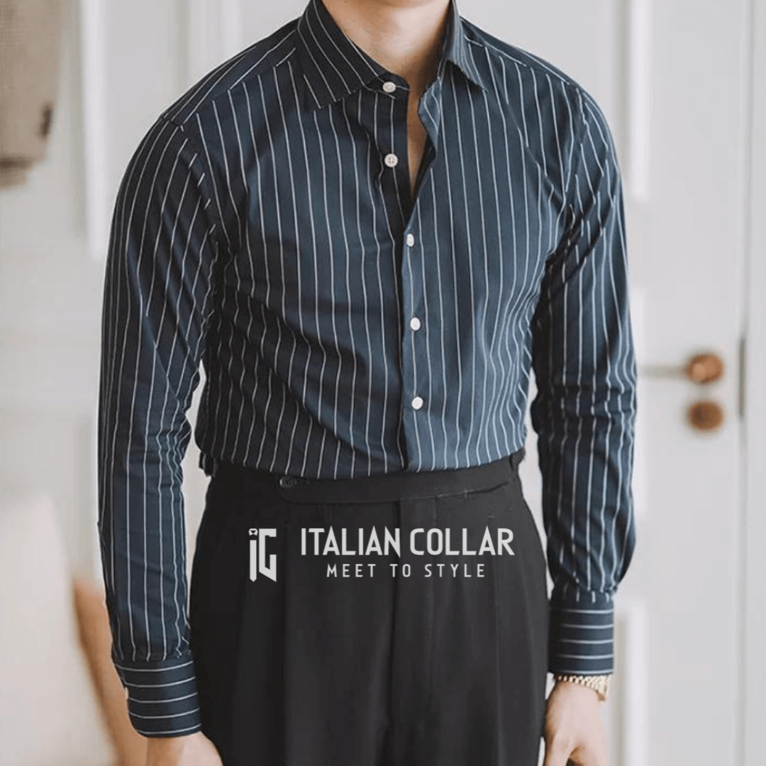 Black Vintage Striped Shirts By Italian Collar