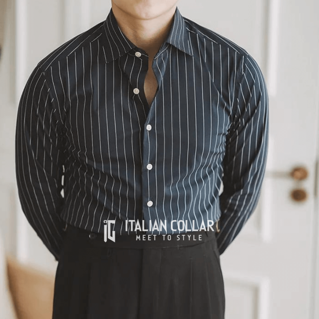 Black Vintage Striped Shirts By Italian Collar