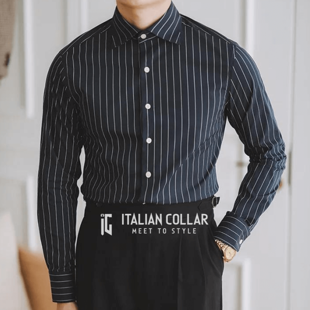 Black Vintage Striped Shirts By Italian Collar