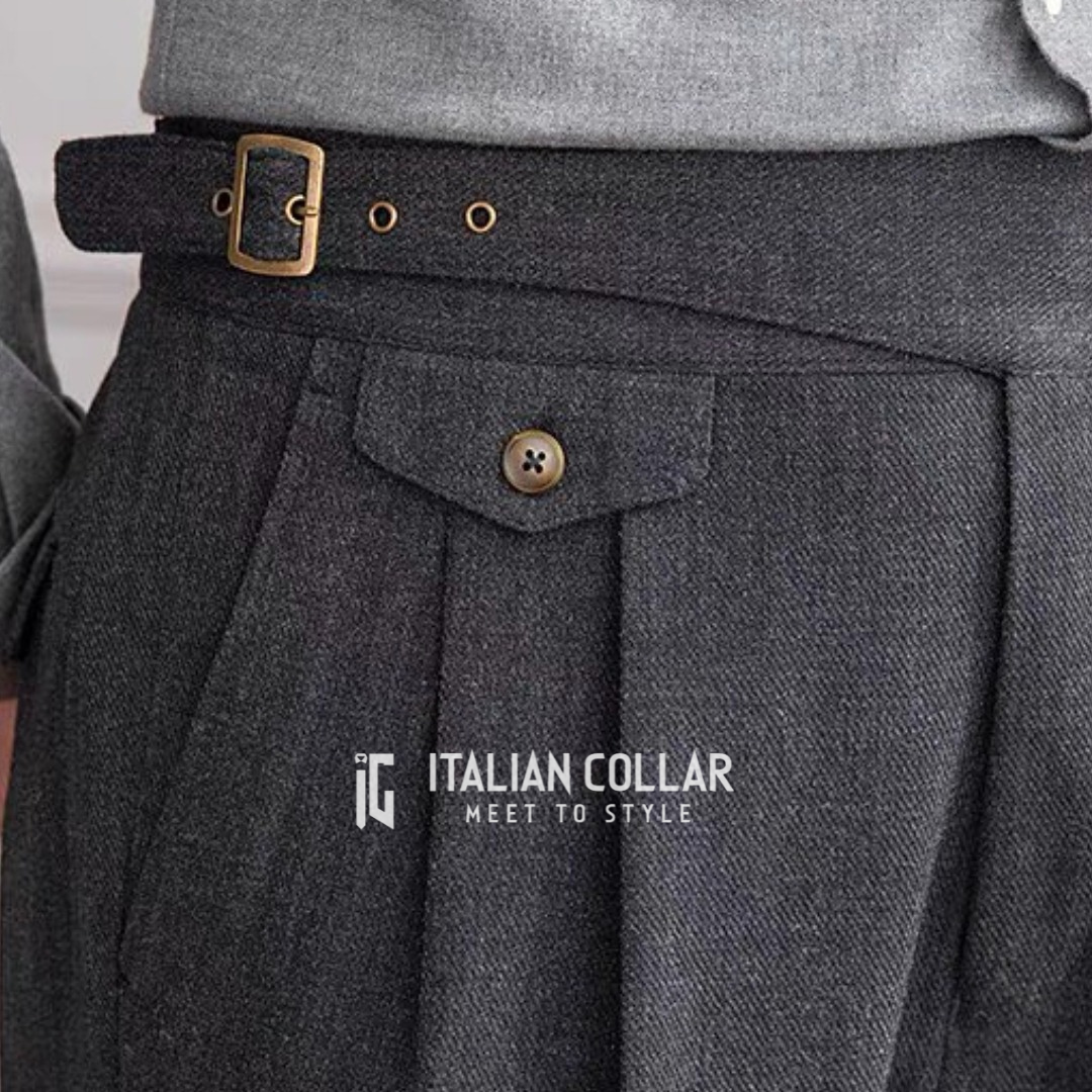 Black Woolen Classic Buckle Gurkha Pants By Italian Collar