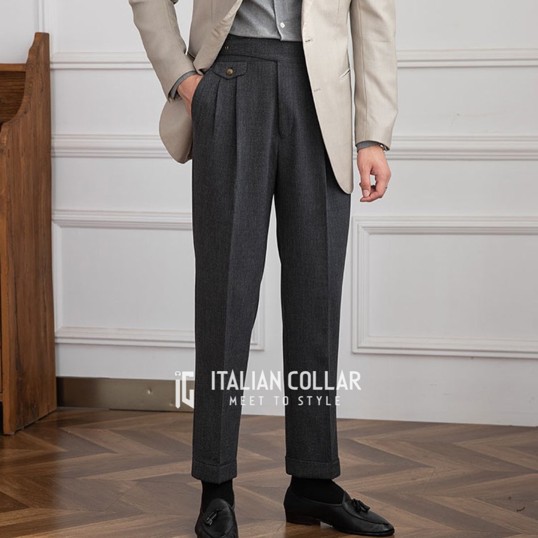 Black Woolen Classic Buckle Gurkha Pants By Italian Collar