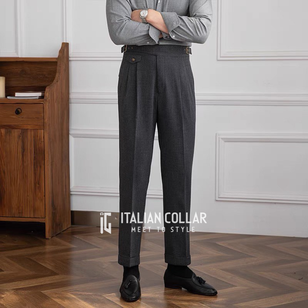 Black Woolen Classic Buckle Gurkha Pants By Italian Collar