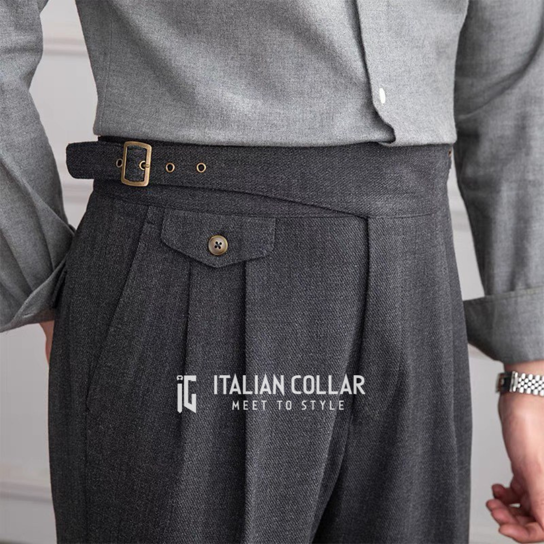 Black Woolen Classic Buckle Gurkha Pants By Italian Collar