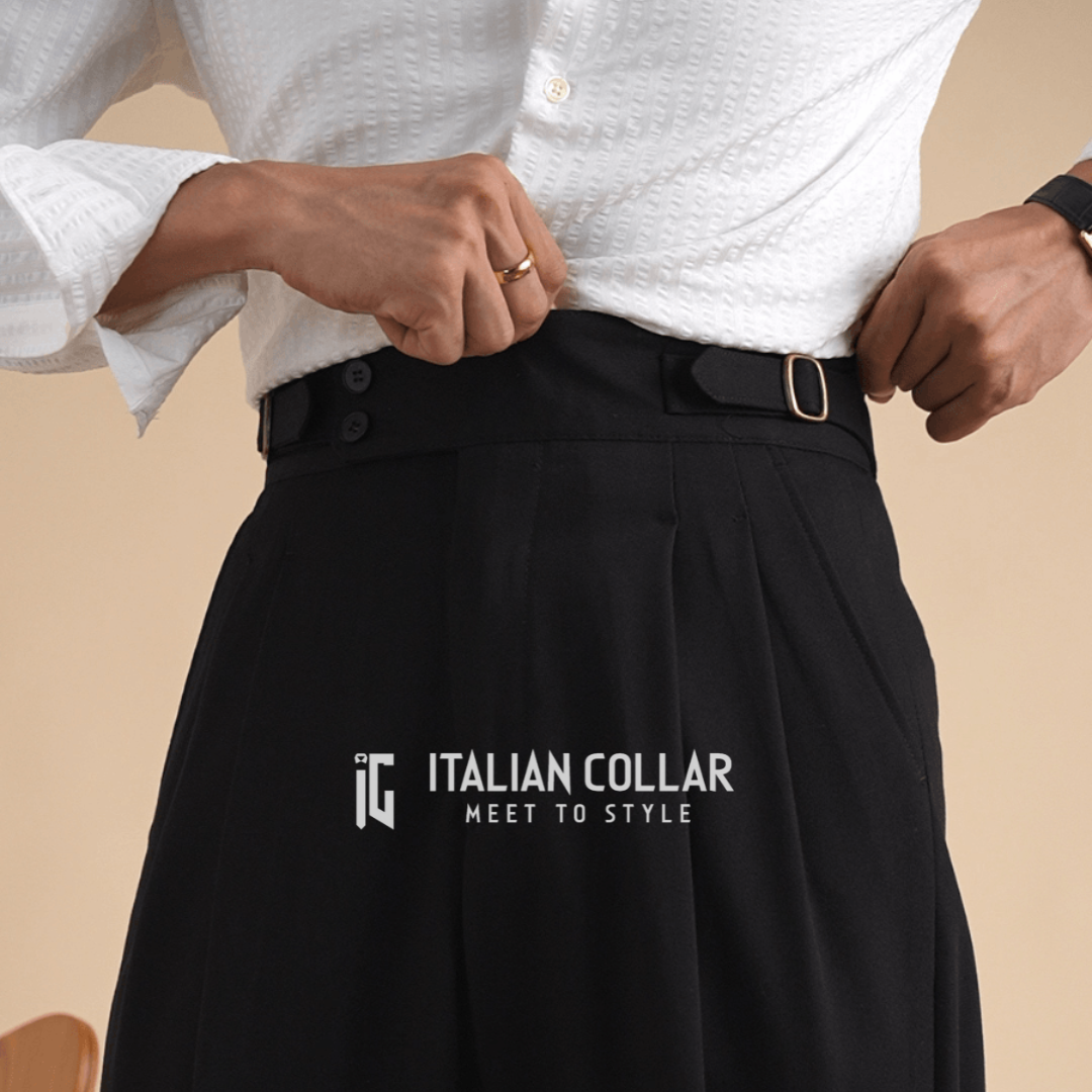 Black Reverse Adjustable  Buckle Gurkha Pants By Italian Collar