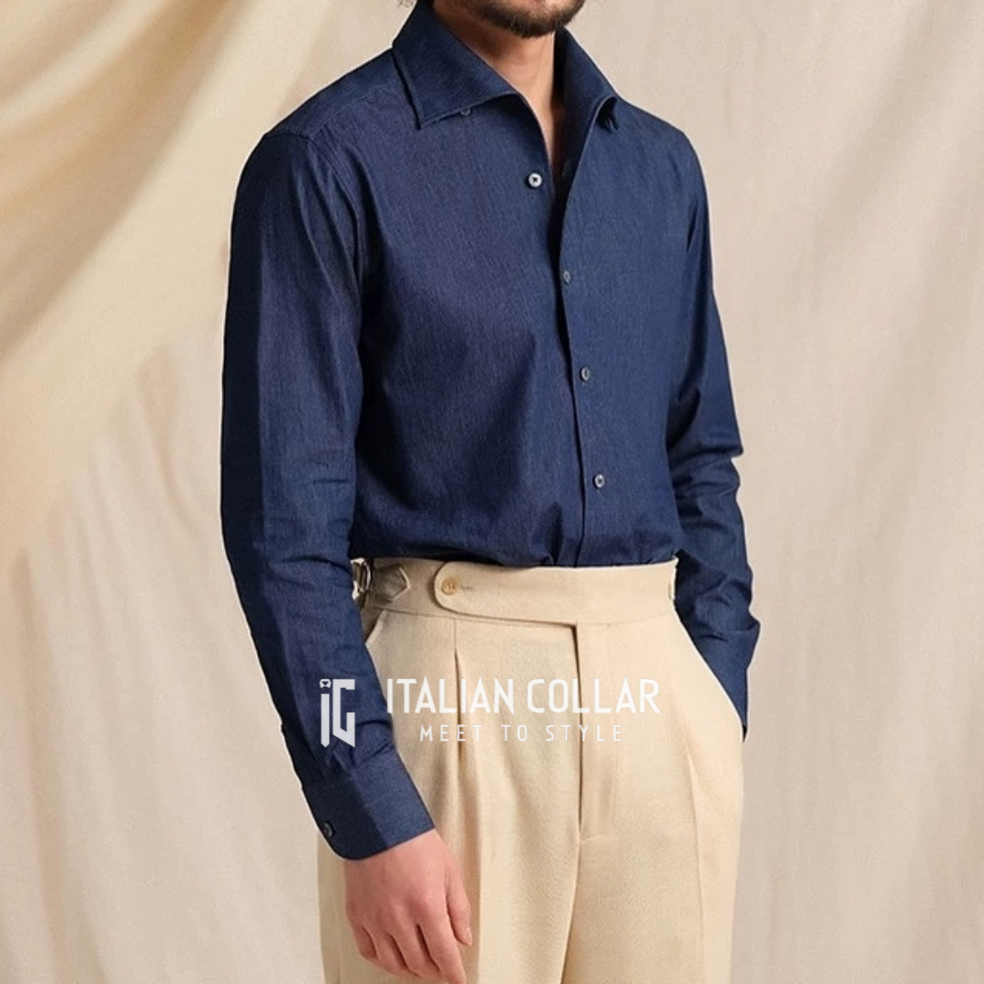 Old Money Blue Denim Button Down Shirt By Italian Collar