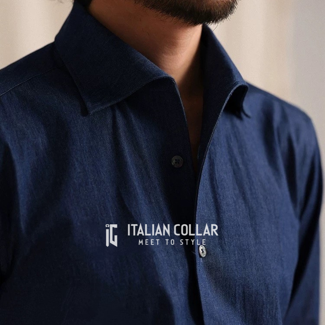 Old Money Blue Denim Button Down Shirt By Italian Collar