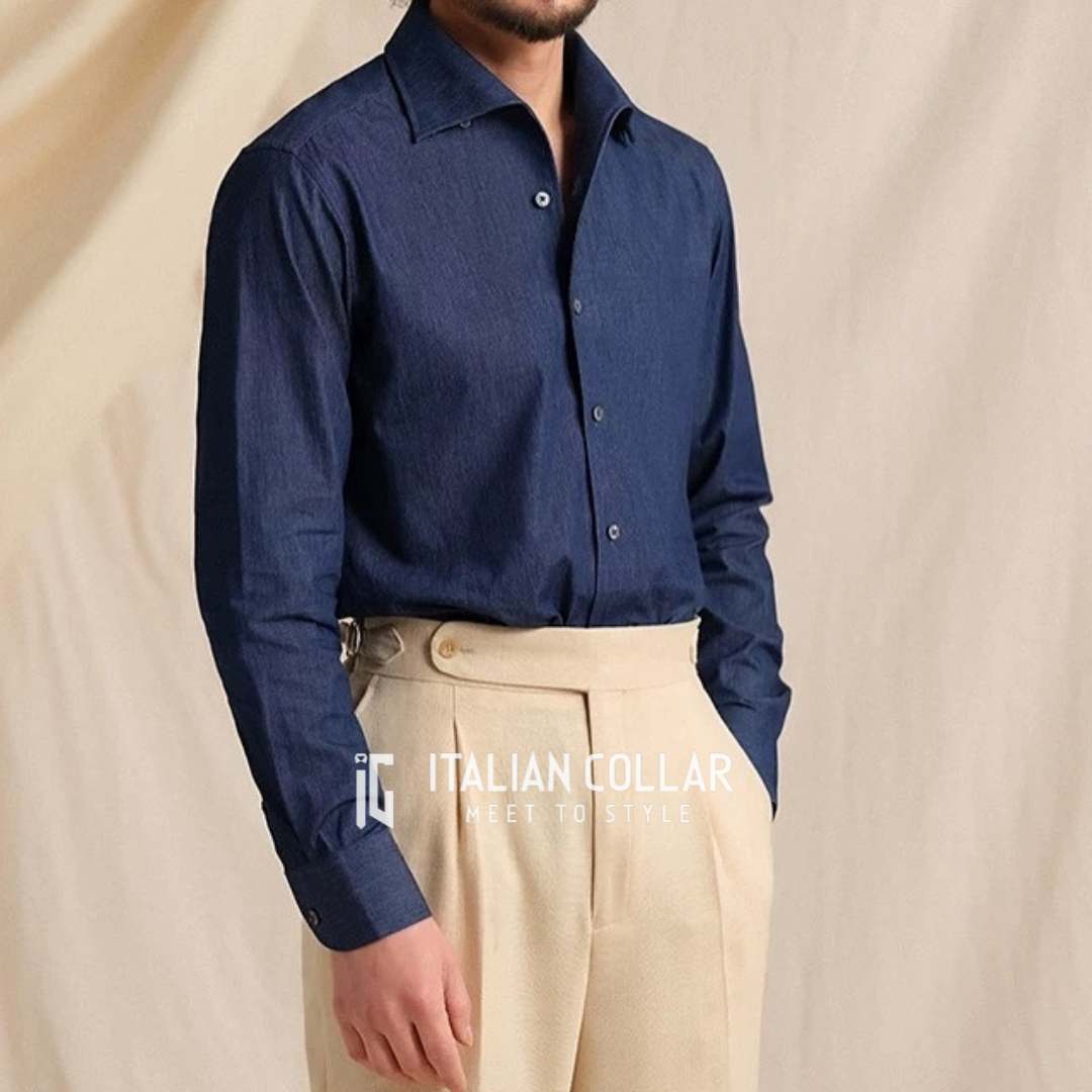 Old Money Blue Denim Button Down Shirt By Italian Collar