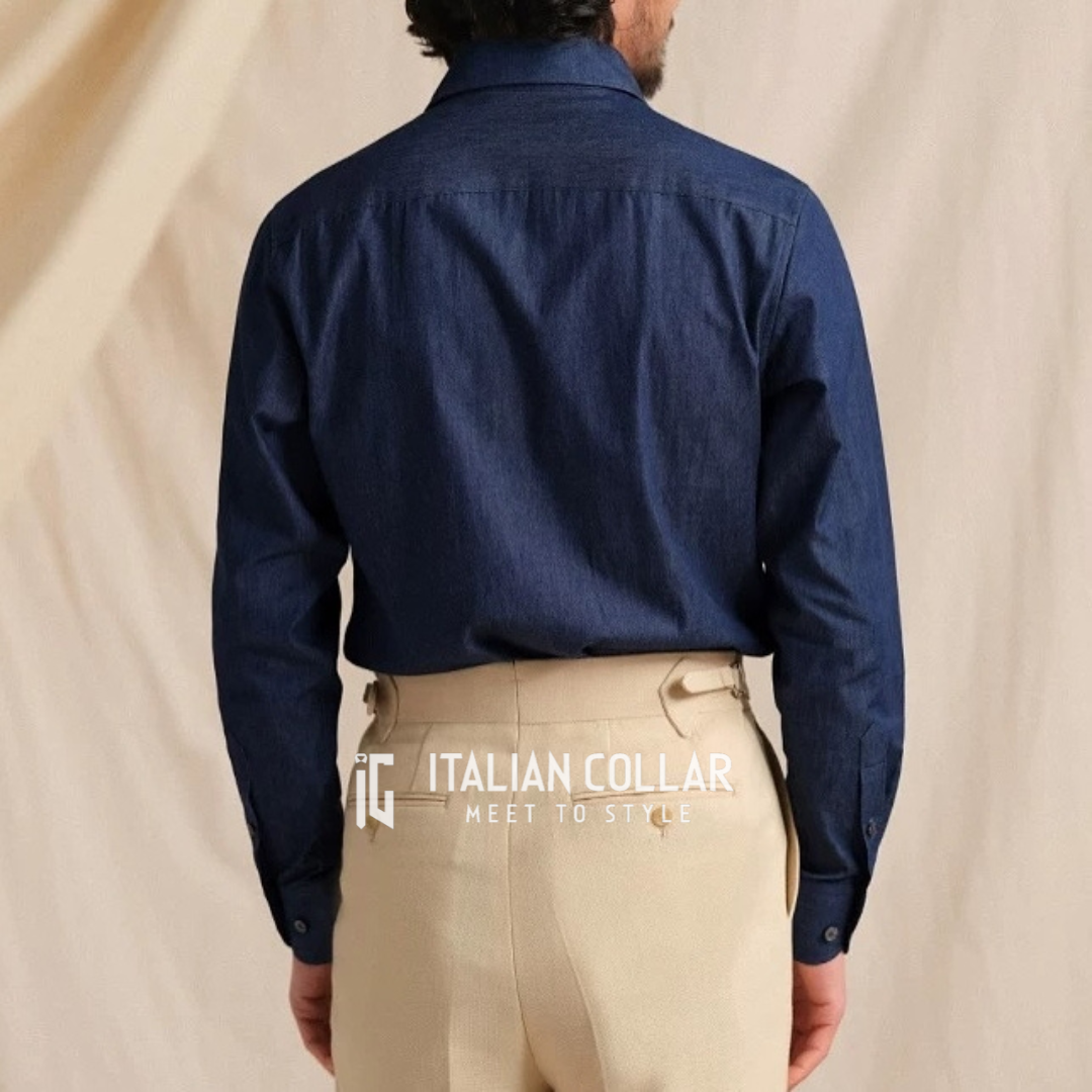 Old Money Blue Denim Button Down Shirt By Italian Collar