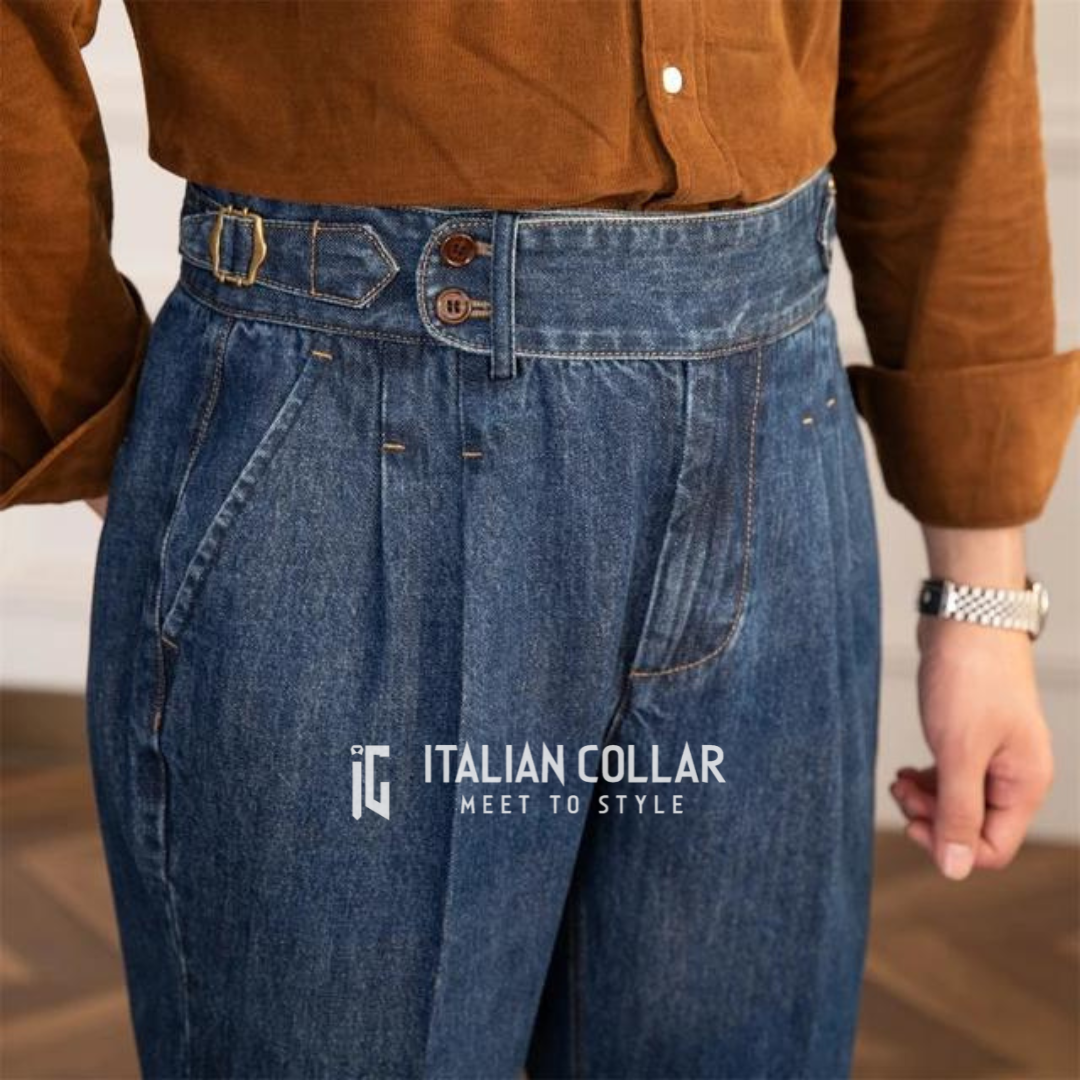 Blue Denim Signature Gurkha Jeans By Italian Collar
