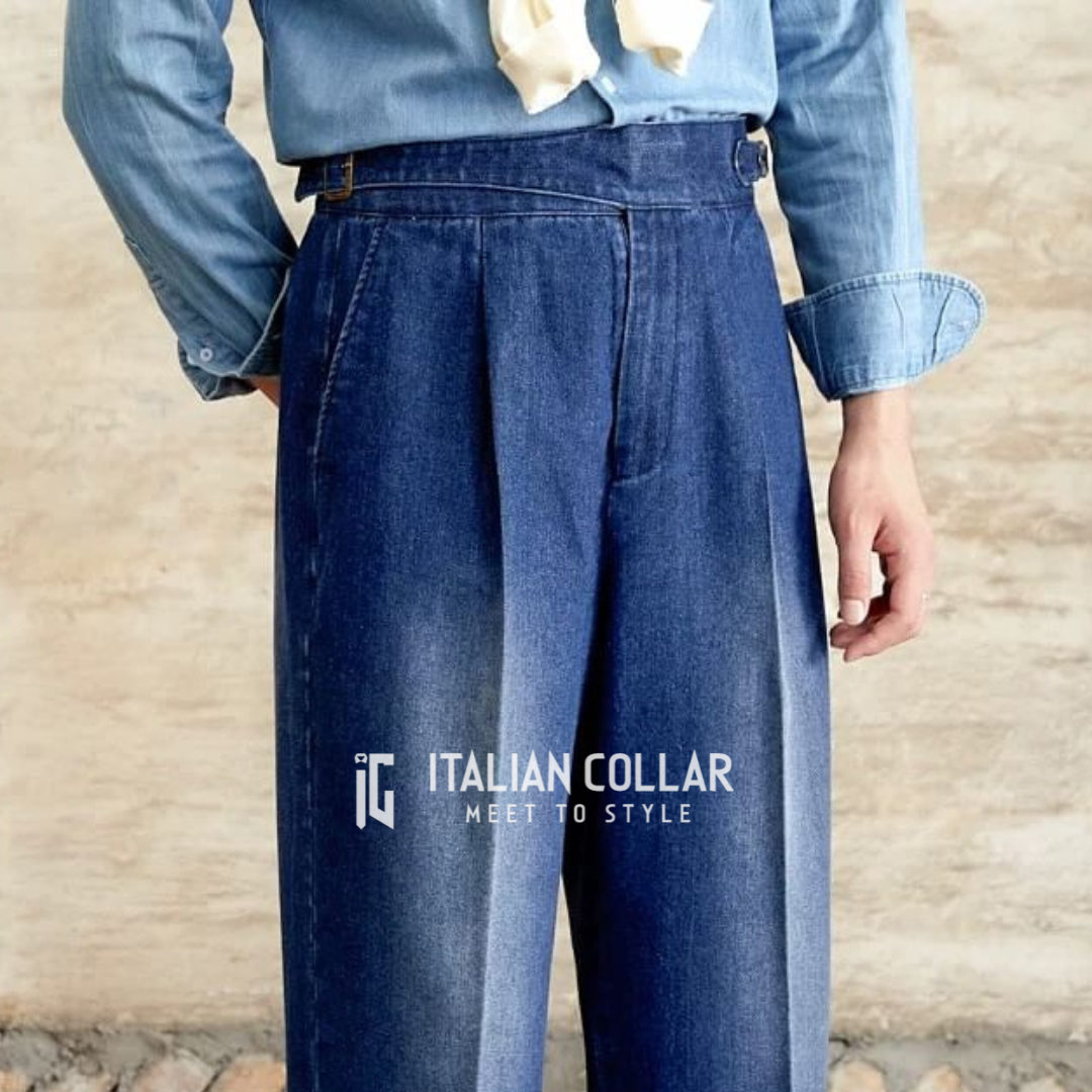 Blue Denim Signature Gurkha Jeans By Italian Collar