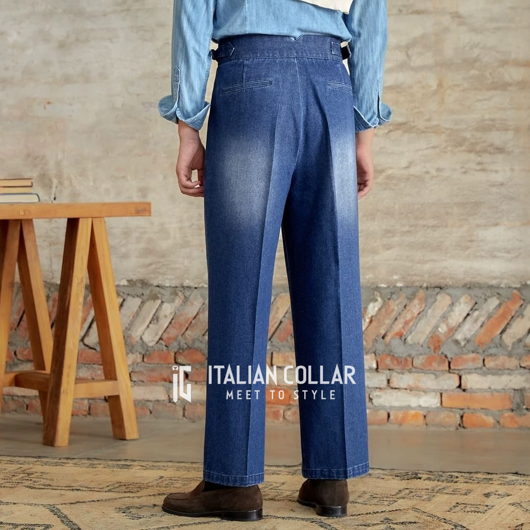 Blue Denim Signature Gurkha Jeans By Italian Collar