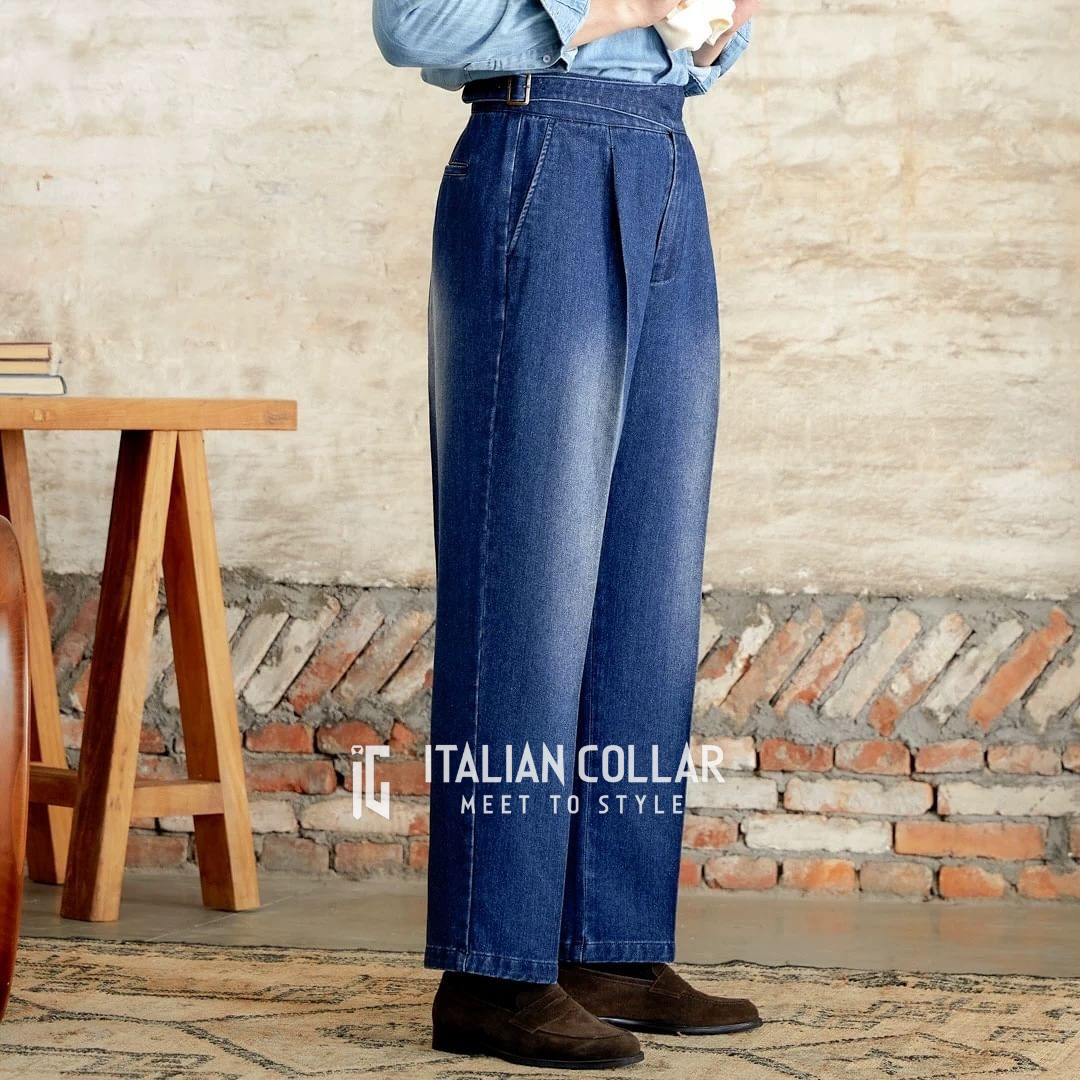 Blue Denim Signature Gurkha Jeans By Italian Collar