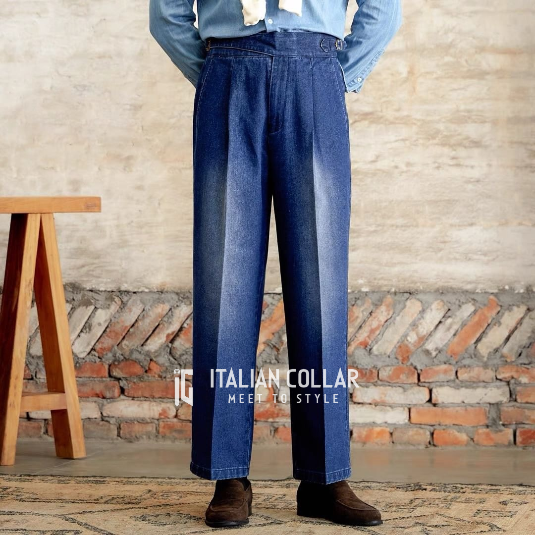 Blue Denim Signature Gurkha Jeans By Italian Collar