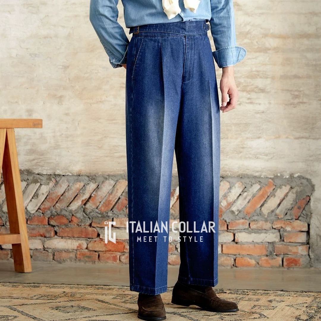 Blue Denim Signature Gurkha Jeans By Italian Collar