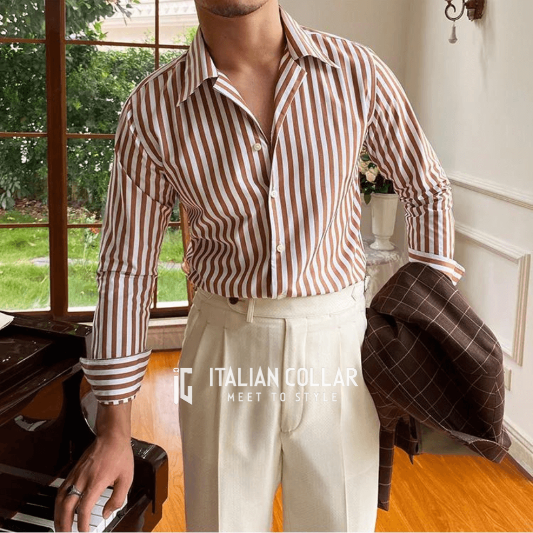 Coffee Striped Shirts By Italian Collar