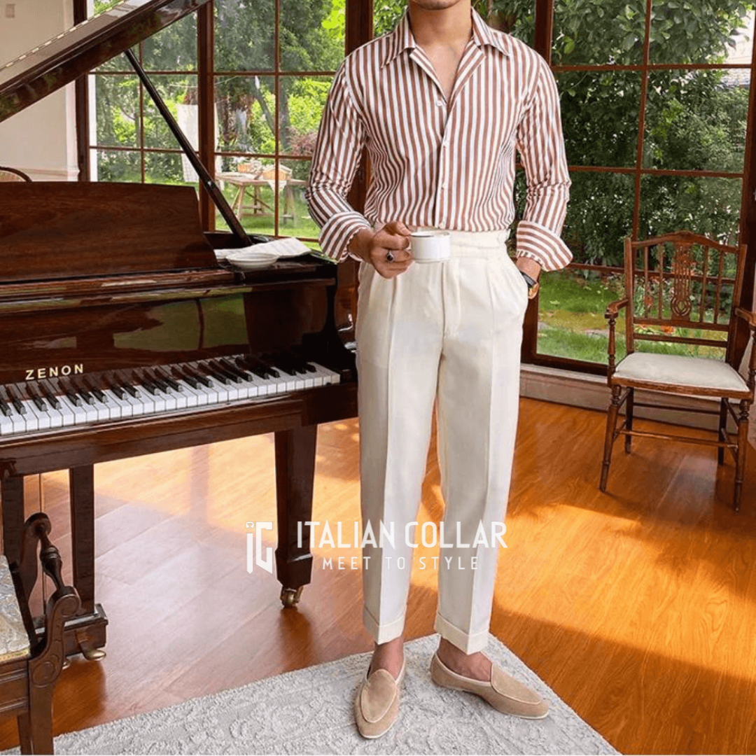 Coffee Striped Shirts By Italian Collar
