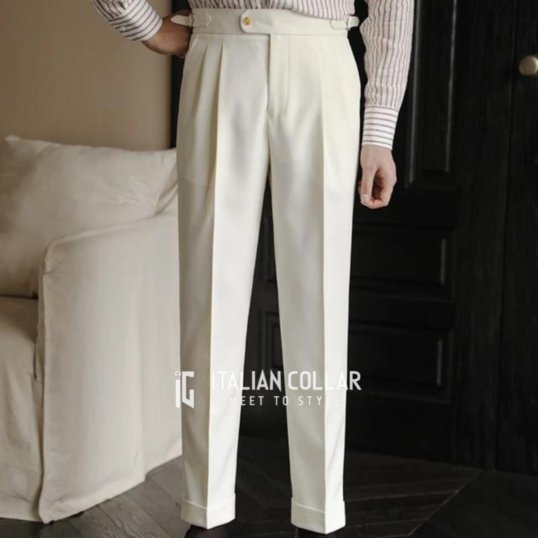 Cream Elegant Signature Gurkha Trousers By Italian Collar