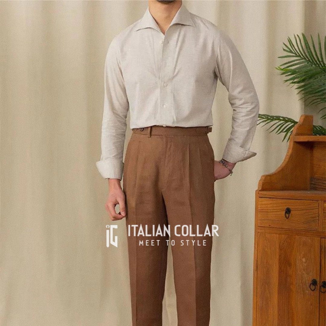 Erose Grey Shirt With Brown Italian Elegant Pants By Italian Collar