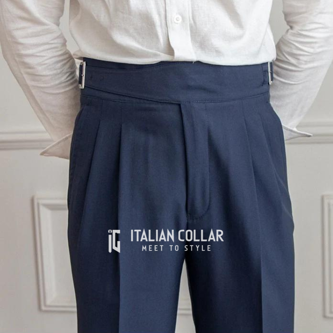 Navy Blue Classic Buckle Gurkha Pants By Italian Collar