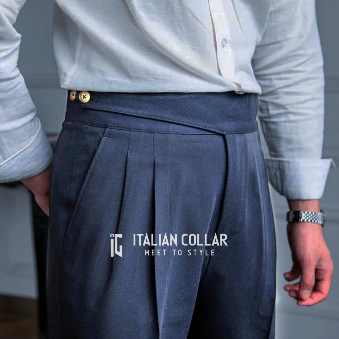Navy Blue Classic Buttoned Gurkha Pants By Italian Collar