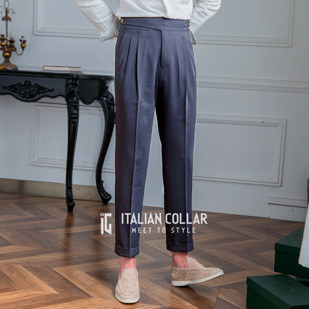 Navy Blue Classic Buttoned Gurkha Pants By Italian Collar