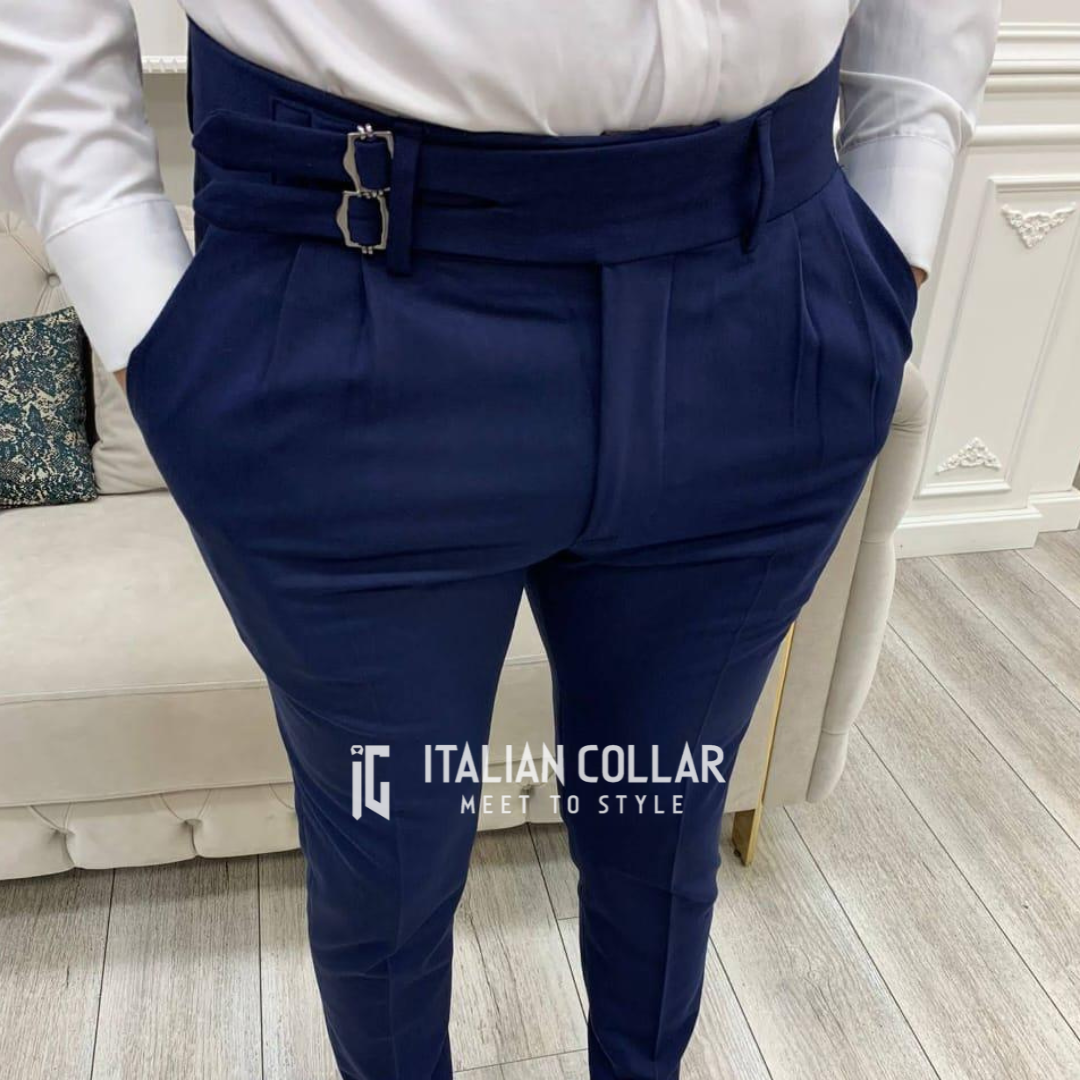 Navy Blue Double Buckle Gurkha Pants By Italian Collar