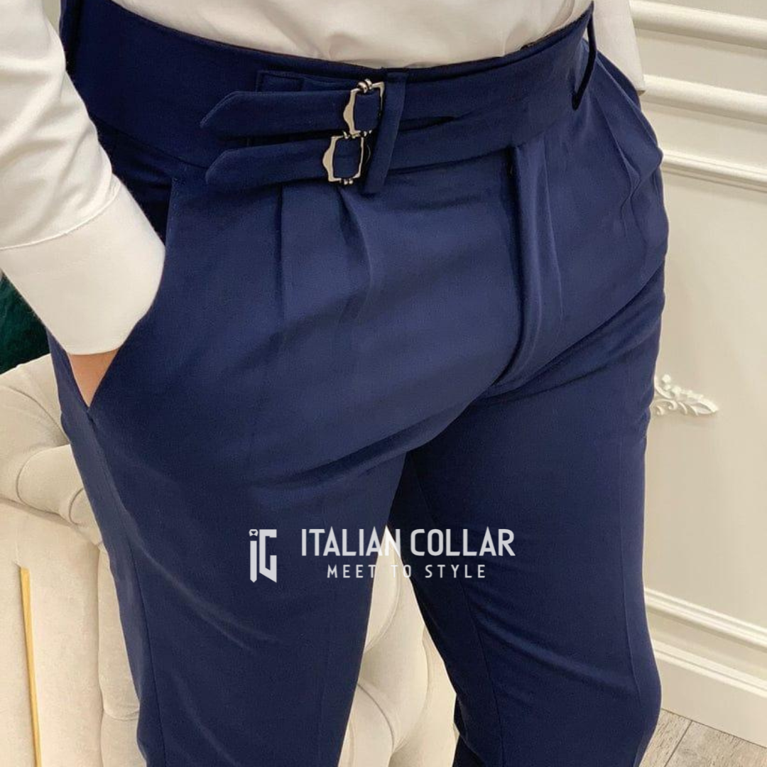 Navy Blue Double Buckle Gurkha Pants By Italian Collar