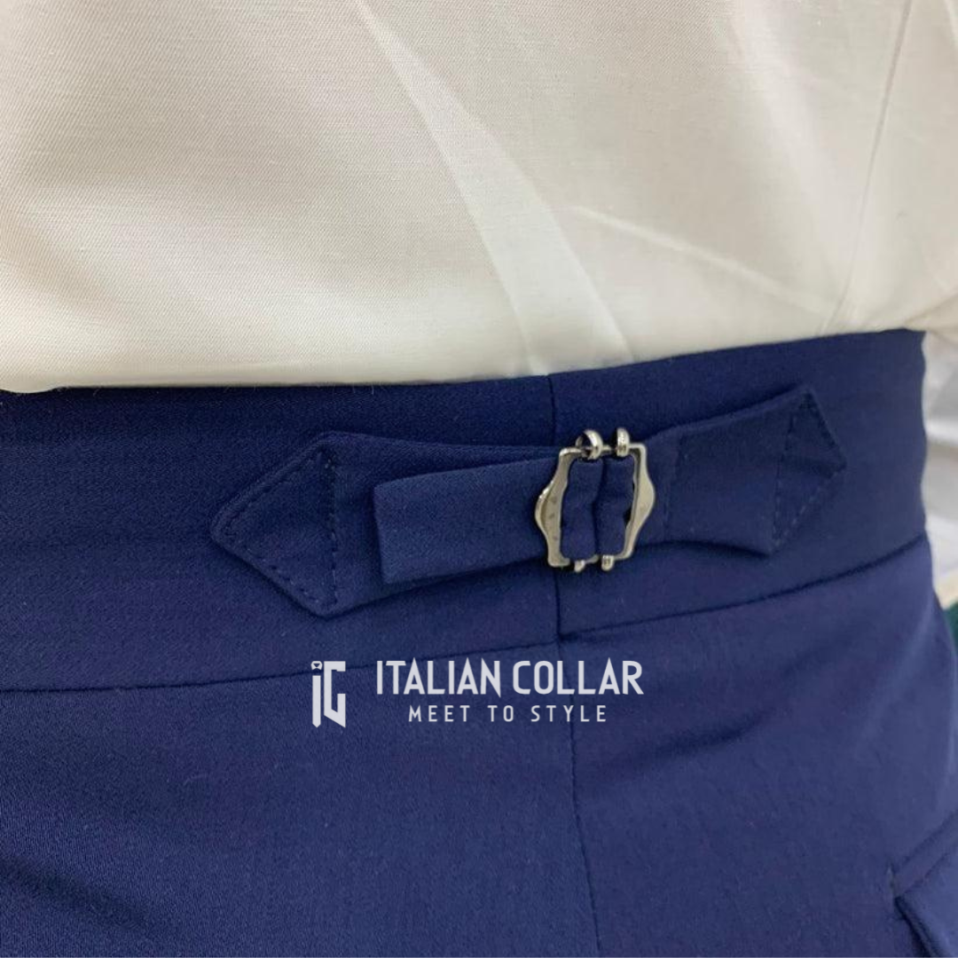 Navy Blue Double Buckle Gurkha Pants By Italian Collar