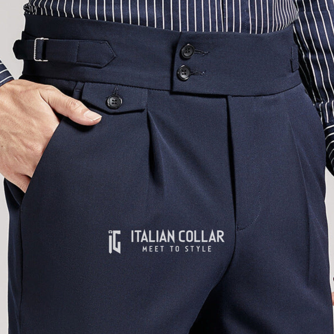 Navy Blue Flap Signature Gurkha Pants By Italian Collar