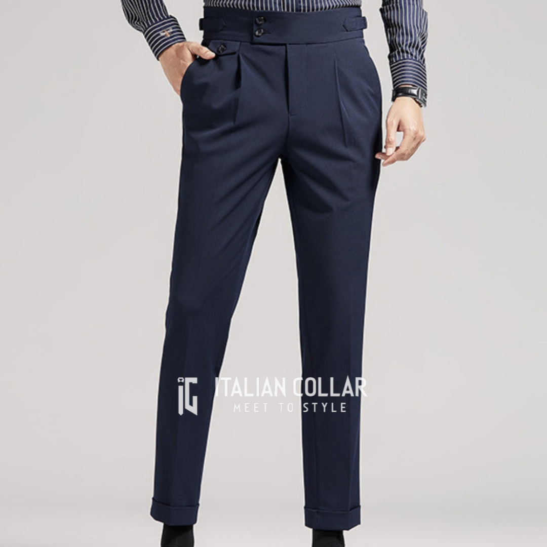Navy Blue Flap Signature Gurkha Pants By Italian Collar