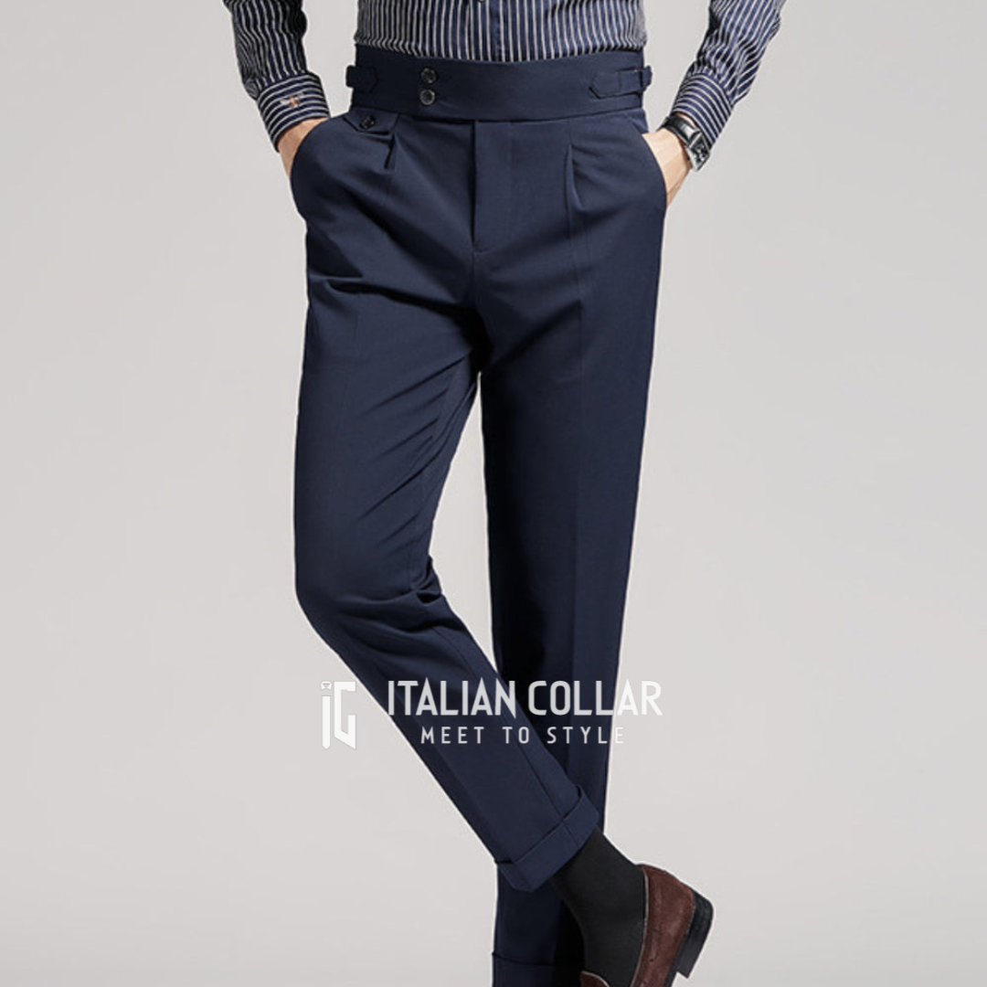 Navy Blue Flap Signature Gurkha Pants By Italian Collar