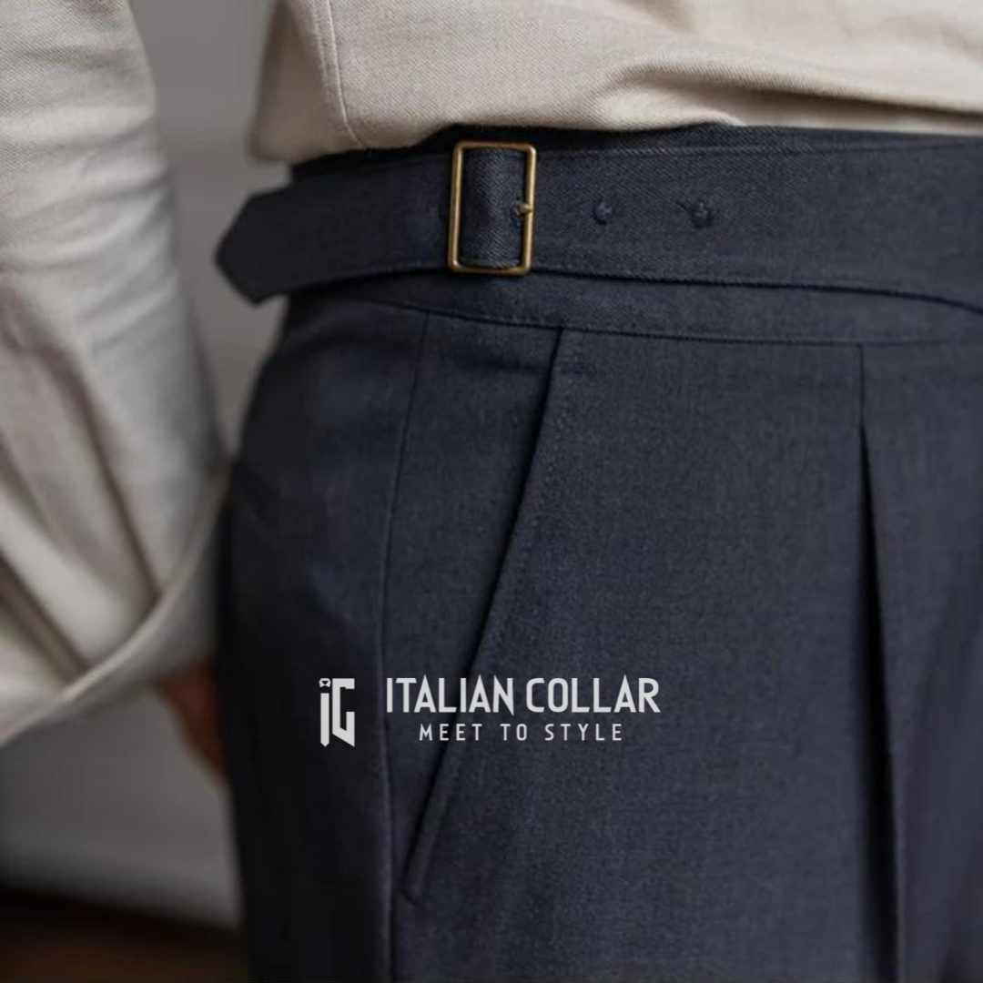 Navy Blue Italian Exotic Formal Gurkha Pants By Italian Collar