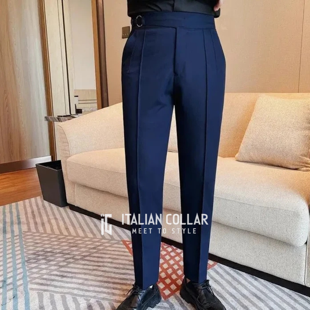 Navy Blue Ring Belt Gurkha Trousers By Italian Collar