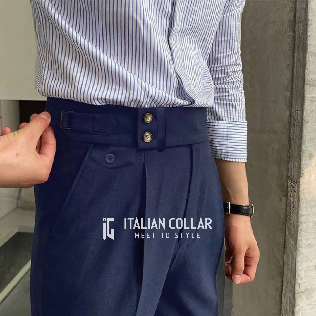 Navy Blue Signature Buttoned Gurkha Pants By Italian Collar